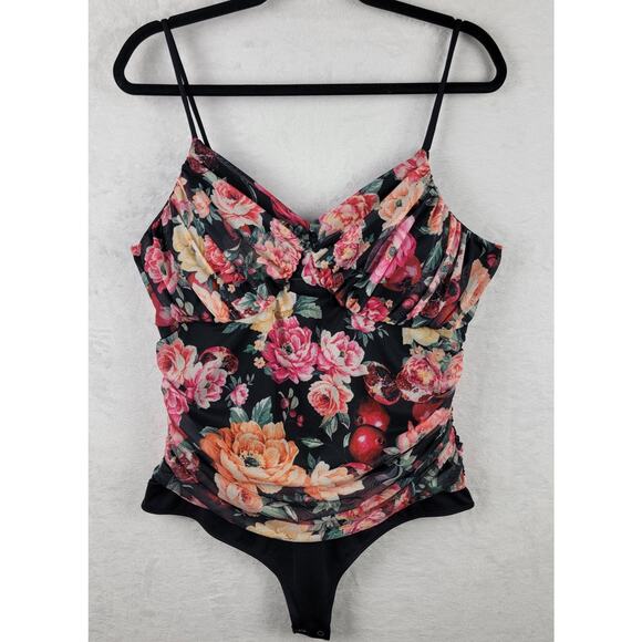 Whimsigoth Romantic Thong Contour Bodysuit XL Strappy Rusch Black Mesh Floral - Picture 1 of 13